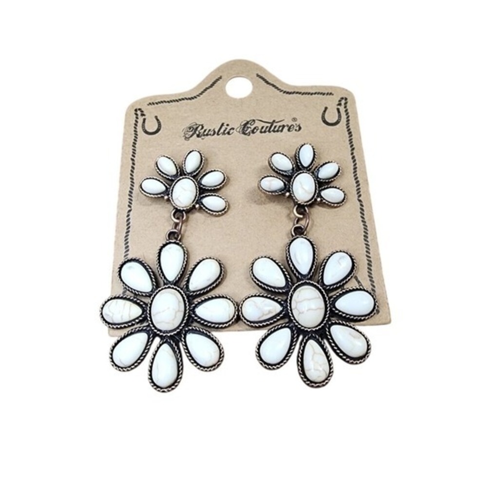 Rustic Couture Silver Tone Floral Drop Dangle Earrings Boho